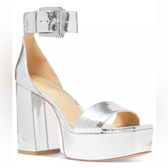 Michael Michael Kors Tara Platform Dress Sandals Heels Snake Silver Size 7 - Picture 1 of 13